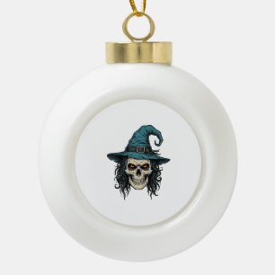 Vintage Witch Skull Halloween Vector Shirt Design_ Ceramic Ball Christmas Ornament