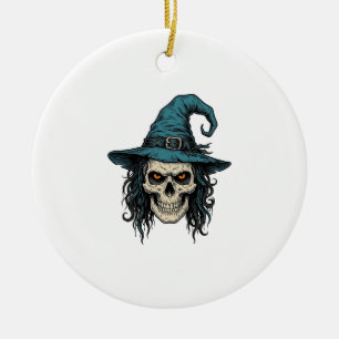 Vintage Witch Skull Halloween Vector Shirt Design_ Ceramic Tree Decoration