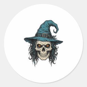 Vintage Witch Skull Halloween Vector Shirt Design_ Classic Round Sticker