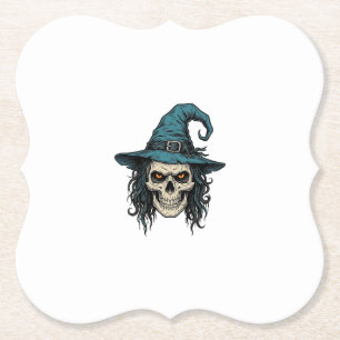 Vintage Witch Skull Halloween Vector Shirt Design_ Paper Coaster