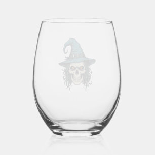 Vintage Witch Skull Halloween Vector Shirt Design_ Stemless Wine Glass