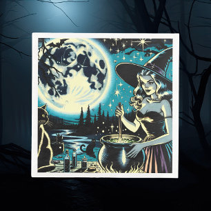 Vintage Witch stirring a Cauldron Halloween Party Napkin
