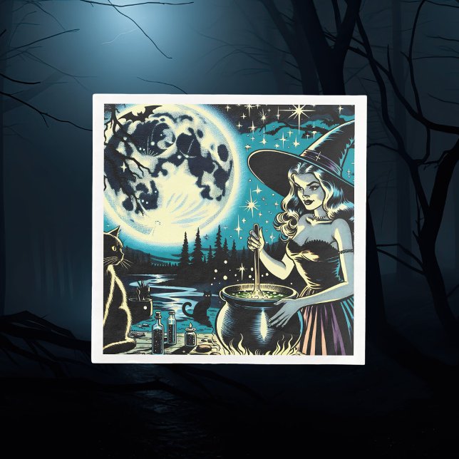 Vintage Witch stirring a Cauldron Halloween Party Napkin (Creator Uploaded)