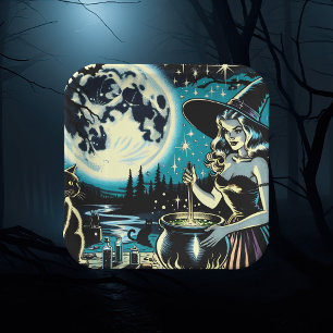 Vintage Witch stirring a Cauldron Halloween Party Paper Plate