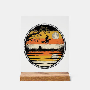 Vintage Witch Sunset Halloween Vector Design_1 Acrylic Sign
