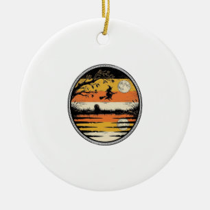 Vintage Witch Sunset Halloween Vector Design_1 Ceramic Tree Decoration