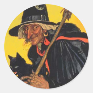 Vintage Witch with black cat Classic Round Sticker