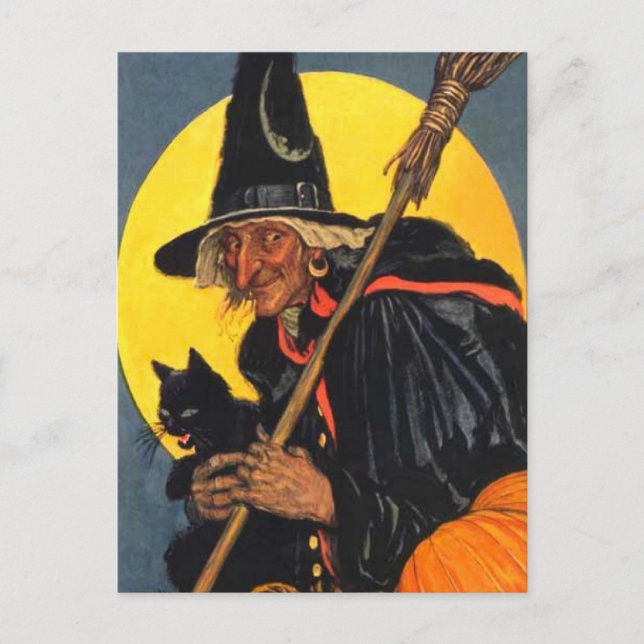 Vintage Witch with black cat Postcard (Front)