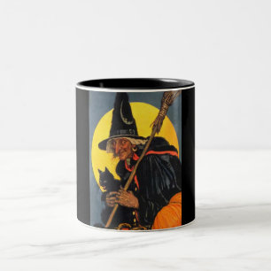 Vintage Witch with black cat Two-Tone Coffee Mug