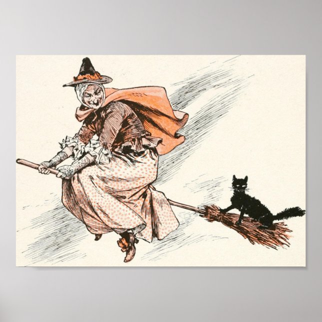 Vintage Witch with Broom and Cat Poster (Front)