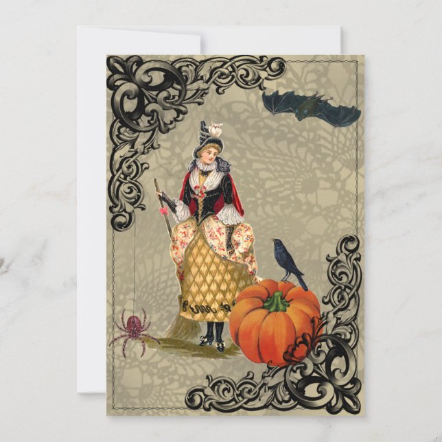 Vintage Witch with Pumpkin Halloween Collage Invitation (Back)