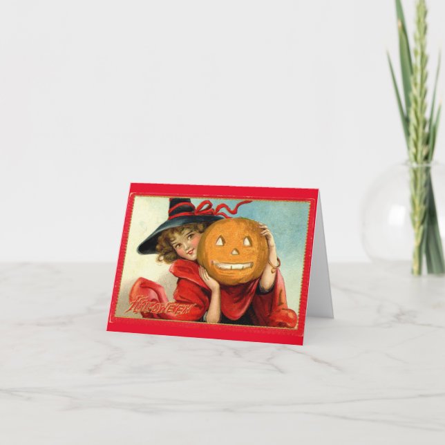 Vintage Witch With Pumpkin Halloween Greeting Card (Front)