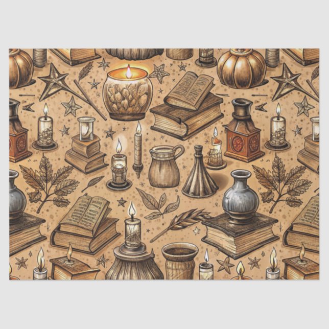 Vintage Witchcraft Books & Candles Pattern (2) Tissue Paper (Front)