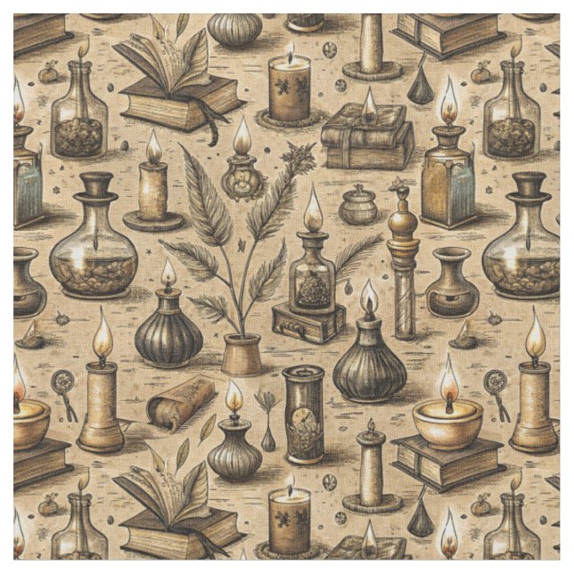 Vintage Witchcraft Books & Candles Pattern Fabric (Close Up)