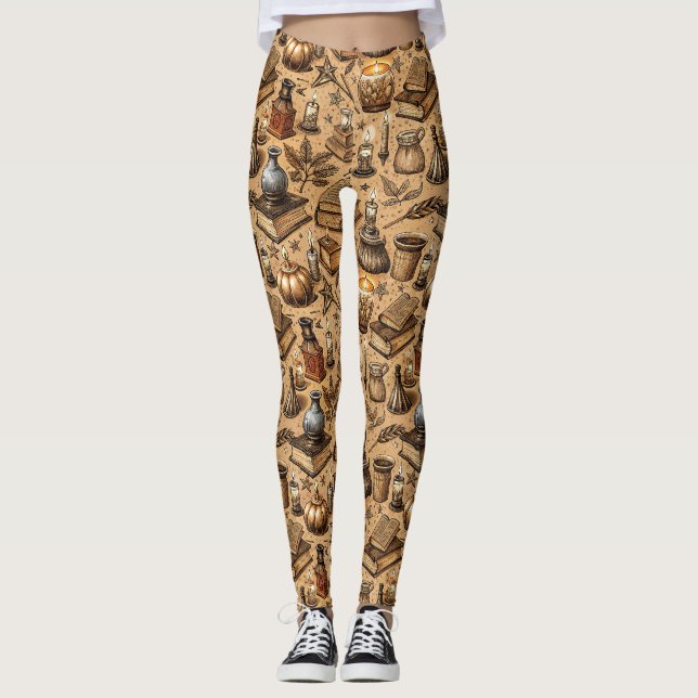 Vintage Witchcraft Books & Candles Pattern Leggings (Front)