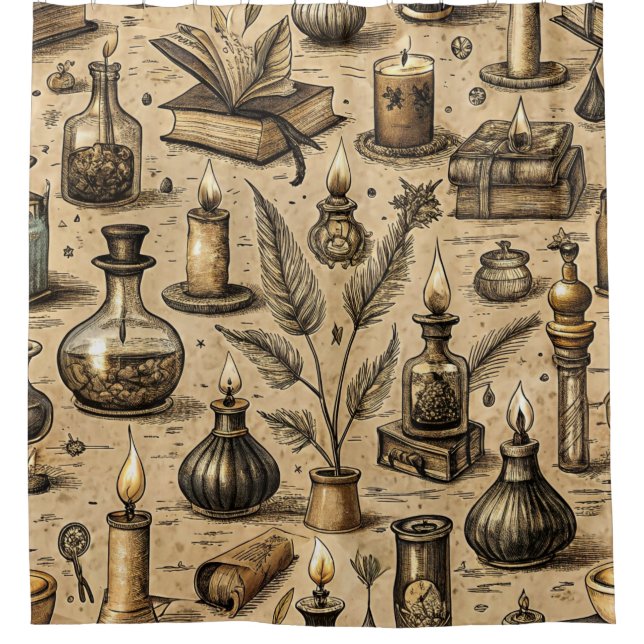 Vintage Witchcraft Books & Candles Pattern Shower Curtain (Front)