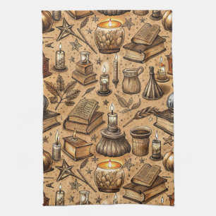 Vintage Witchcraft Books & Candles Pattern Tea Towel