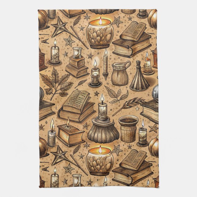 Vintage Witchcraft Books & Candles Pattern Tea Towel (Vertical)