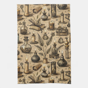 Vintage Witchcraft Books & Candles Pattern Tea Towel