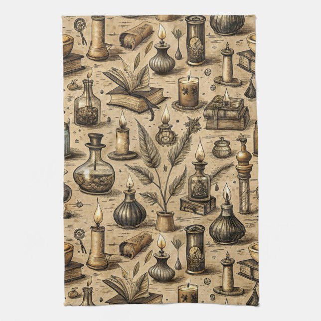 Vintage Witchcraft Books & Candles Pattern Tea Towel (Vertical)