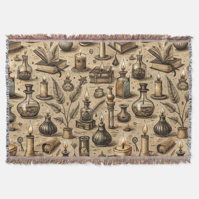 Vintage Witchcraft Books & Candles Pattern Throw Blanket (Front)