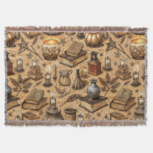 Vintage Witchcraft Books & Candles Pattern Throw Blanket