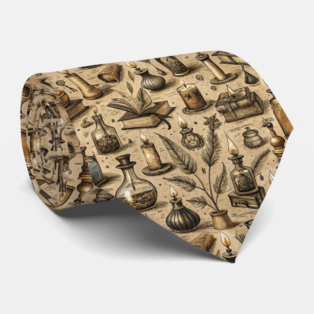 Vintage Witchcraft Books & Candles Pattern Tie (Rolled)