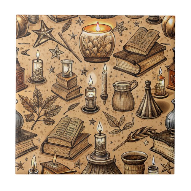 Vintage Witchcraft Books & Candles Pattern Tile (Front)