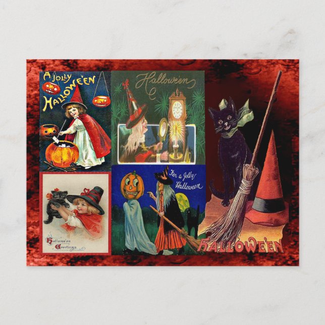 Vintage Witches and Black Cats Collage Postcard (Front)