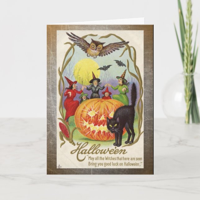 Vintage Witches and Pumpkin Halloween Card (Front)