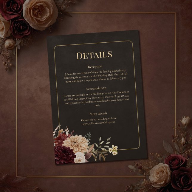 Vintage Witchy Floral Wedding Details Card (Vintage Witchy Floral Wedding Details Card on a brown vintage wedding table with flowers)