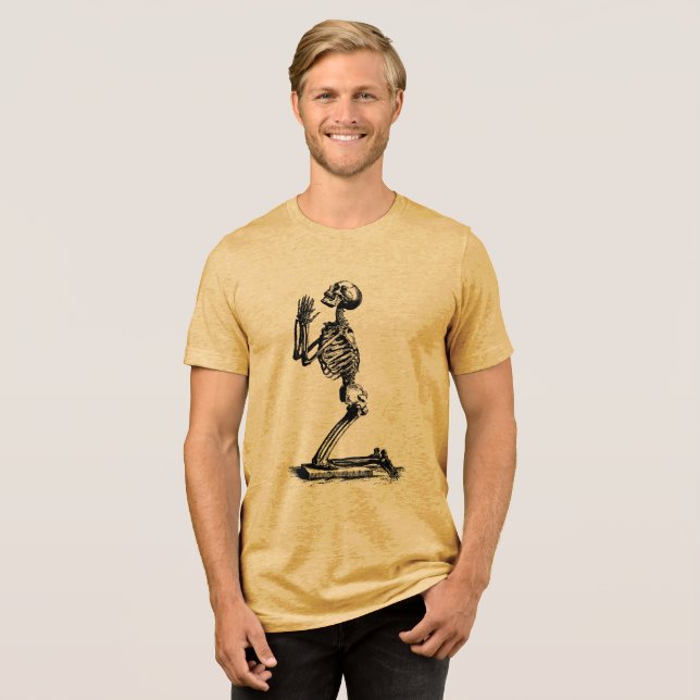 Vintage Witty Charm - Praying Skeleton  Tri-Blend Shirt (Front Full)