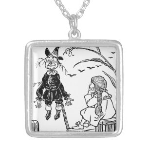 Vintage Wizard of Oz, Dorothy Toto Meet Scarecrow Silver Plated Necklace