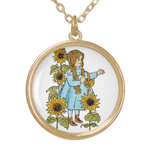 Vintage Wizard of Oz Fairy Tale Dorothy Sunflowers Gold Plated Necklace