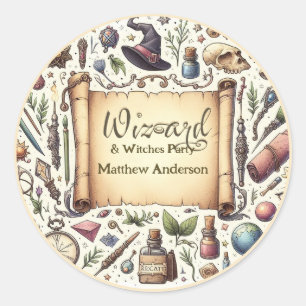 Vintage Wizard Witches Party Magical Wands Hats Classic Round Sticker