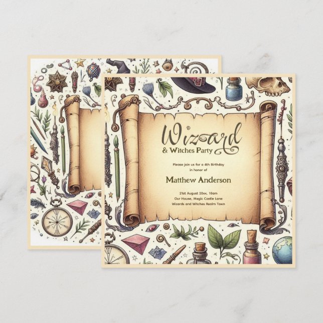 Vintage Wizard Witches Party Magical Wands Hats Invitation (Front/Back)