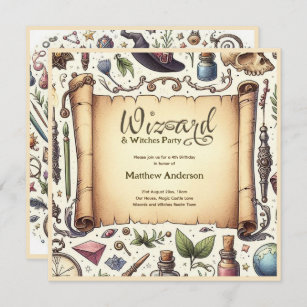 Vintage Wizard Witches Party Magical Wands Hats Invitation
