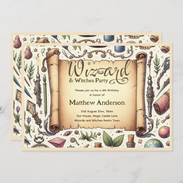 Vintage Wizard Witches Party Magical Wands Hats Invitation (Front/Back)