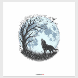 Vintage Wolf Howling Moon Tree Silhouette Design_1