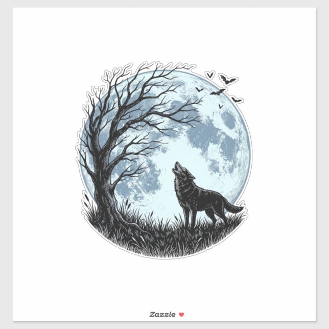 Vintage Wolf Howling Moon Tree Silhouette Design_1 (Sheet)
