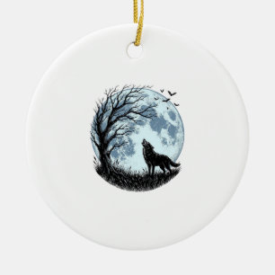 Vintage Wolf Howling Moon Tree Silhouette Design_1 Ceramic Tree Decoration