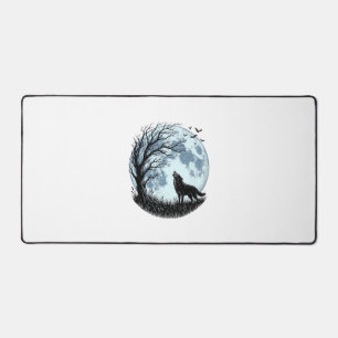Vintage Wolf Howling Moon Tree Silhouette Design_1 Desk Mat