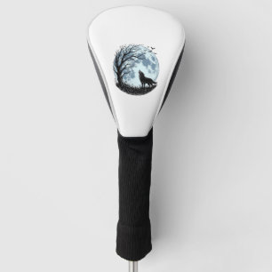 Vintage Wolf Howling Moon Tree Silhouette Design_1 Golf Head Cover