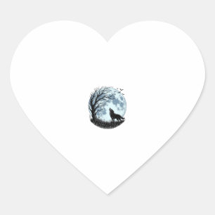 Vintage Wolf Howling Moon Tree Silhouette Design_1 Heart Sticker
