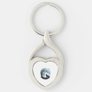 Vintage Wolf Howling Moon Tree Silhouette Design_1 Key Ring