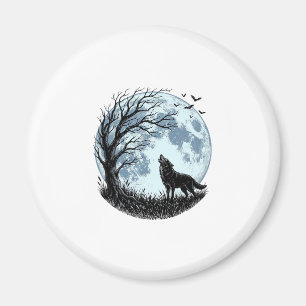 Vintage Wolf Howling Moon Tree Silhouette Design_1 Magnet