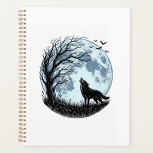 Vintage Wolf Howling Moon Tree Silhouette Design_1 Planner