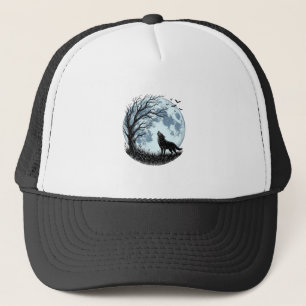 Vintage Wolf Howling Moon Tree Silhouette Design_1 Trucker Hat