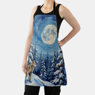 Vintage Wolf in Moonlit Winter Forest Christmas Apron