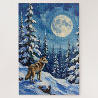 Vintage Wolf in Moonlit Winter Forest Christmas Jigsaw Puzzle